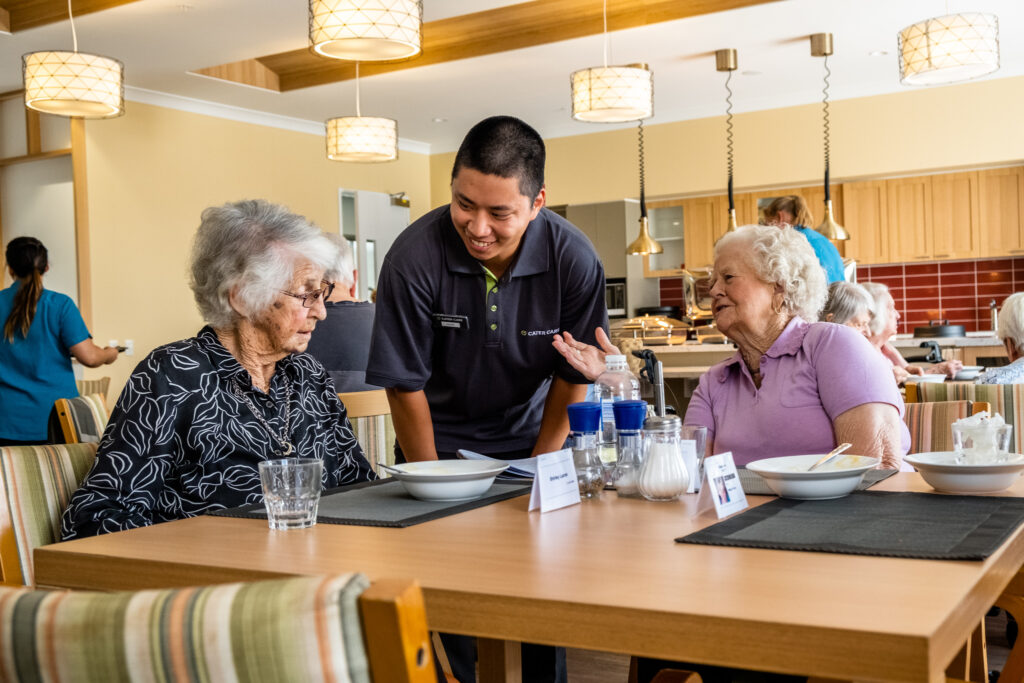 Cater Care staff is having a conversation with aged care residents about their mealtime experience and getting feedback in order to improve our services. Cater Care staff is having a conversation with aged care residents about their mealtime experience and getting feedback in order to improve our services.