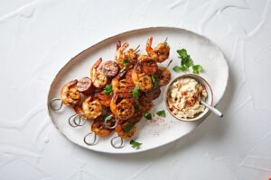 Spanish Prawn & Chorizo Skewers, served with Ajo Blanca